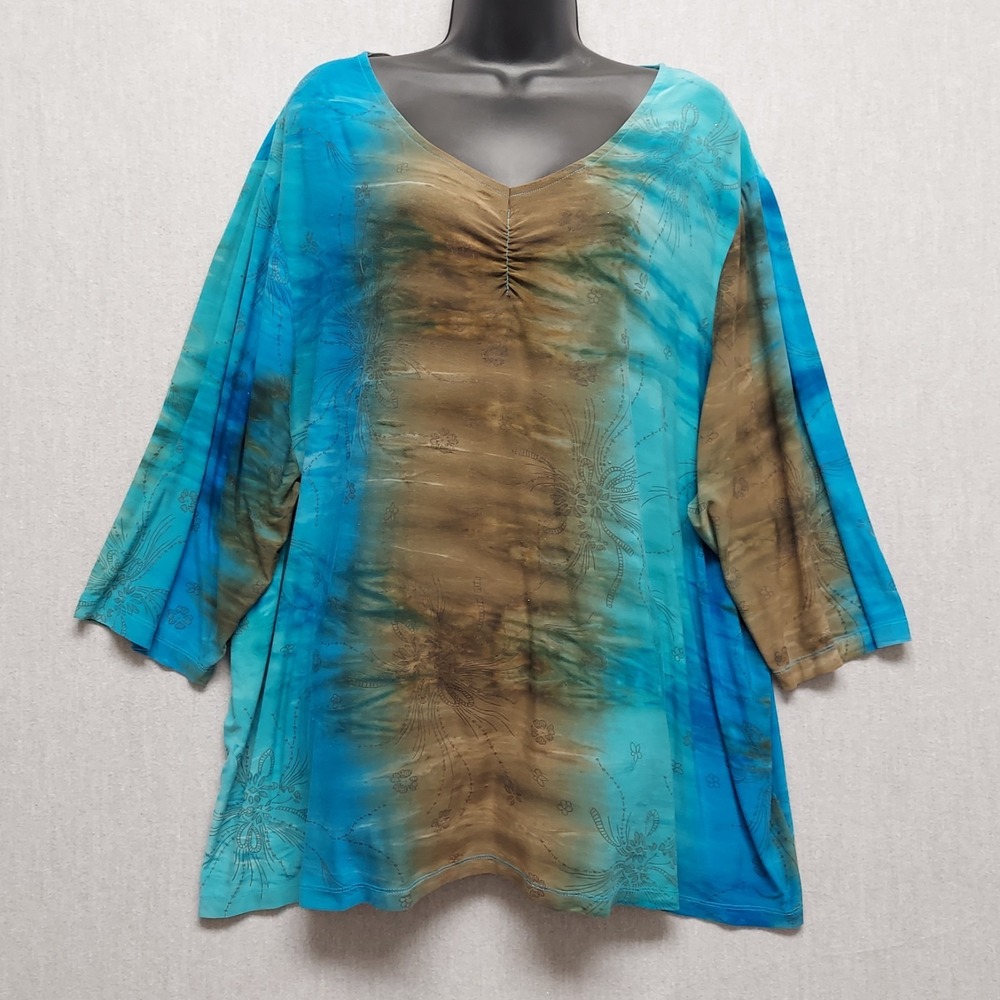 Womens Watercolor Tunic 3X‎ Lagenlook Shimmer Forest Fairy Ethereal Top Boho